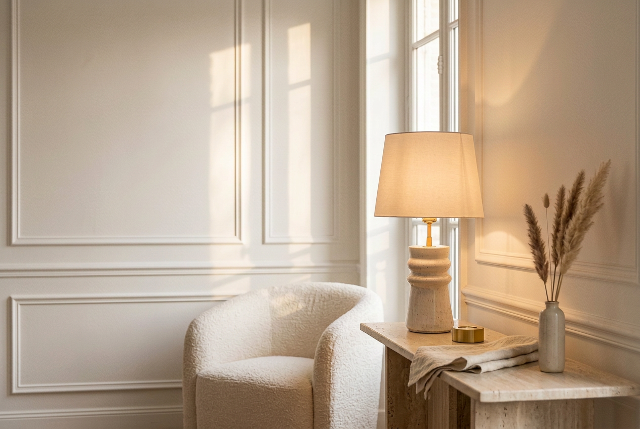 Cream ceramic lamp on a stone console beside a bouclé armchair
