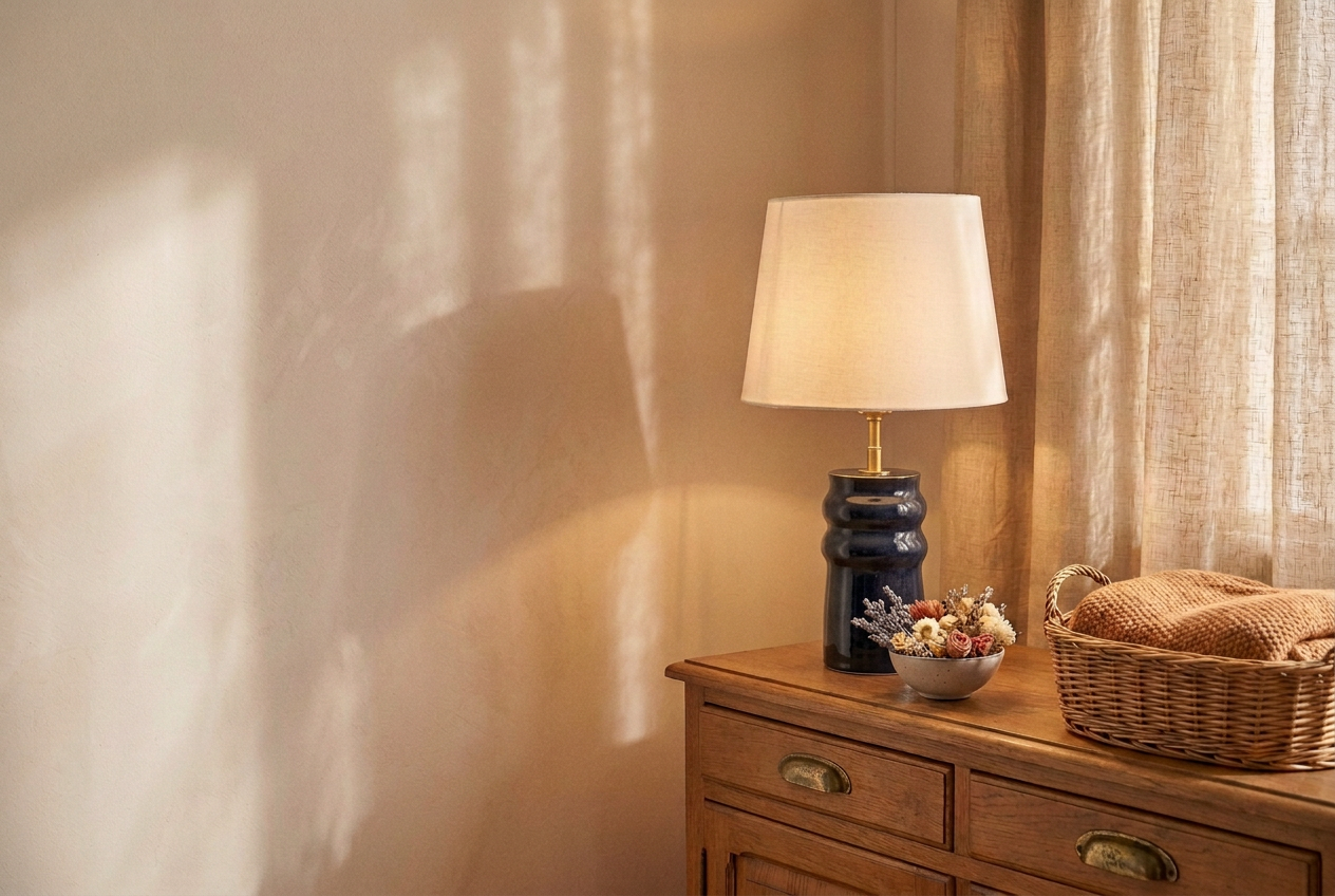 Deep blue ceramic lamp on an oak sideboard beside a linen curtain