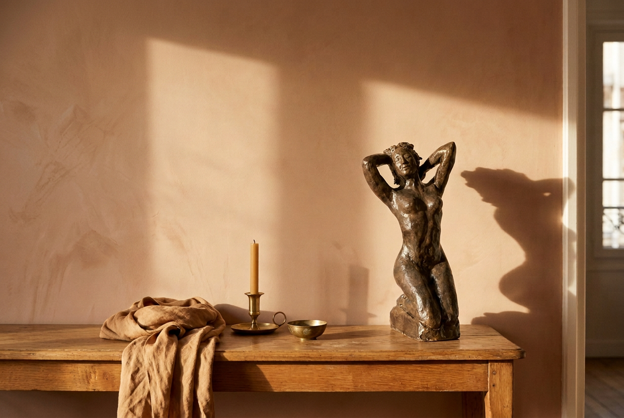 Bronze ceramic sculpture on a wooden console against a clay wall